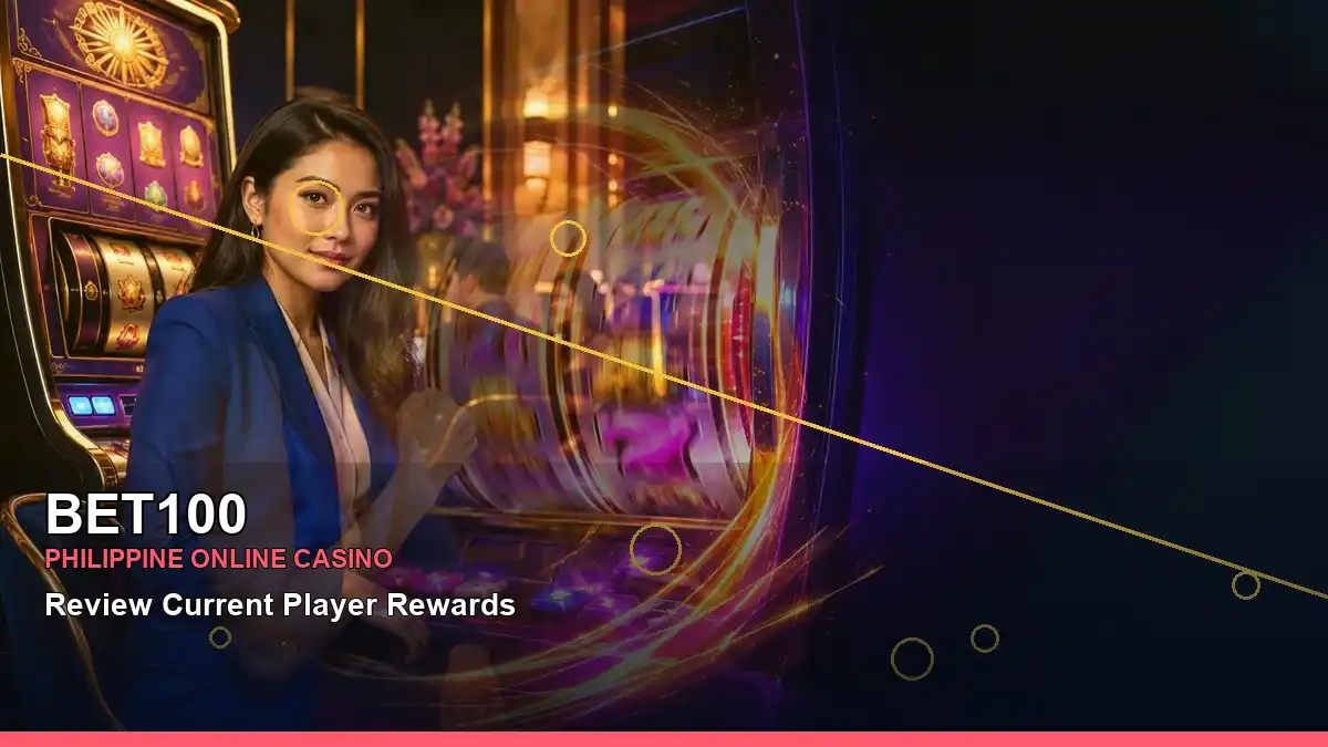 BET100 Philippines casino information guide with coin-themed visuals, account activity details, and an adult Filipina casino host