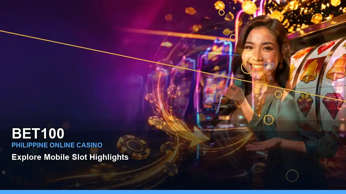 BET100 premium online slot visuals featuring an adult Filipina casino host in a wide composition
