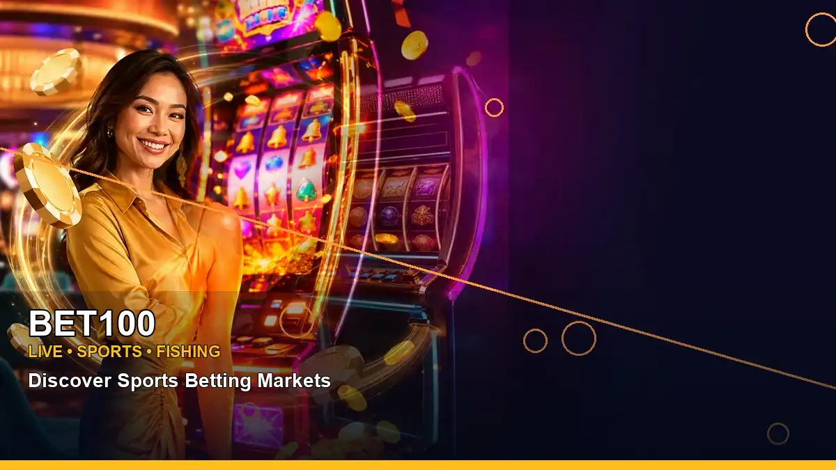 BET100 adventure-themed casino gaming scene with an adult Filipina host and a left-framed composition